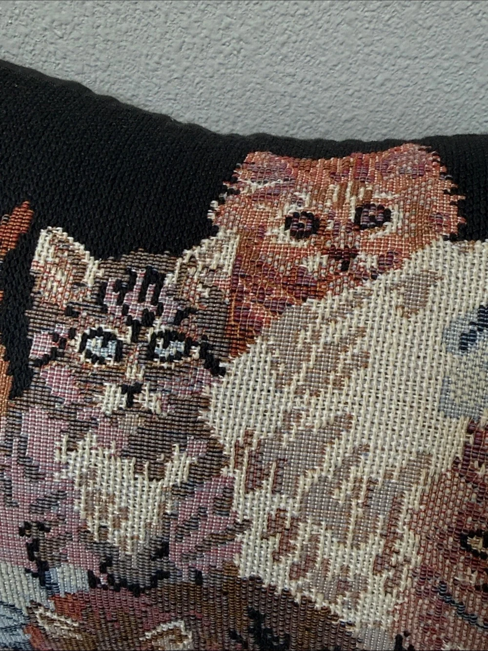 Cottagecore Kitty Cats Embroidered Tapestry Pillow Cat Decor Black Tan Ivory